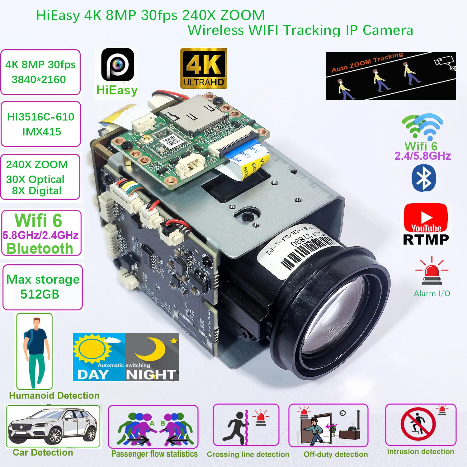 IMX415 240X 줌 4K 8MP 30fps HiEasy 무선 와이파이 IP 카메라..