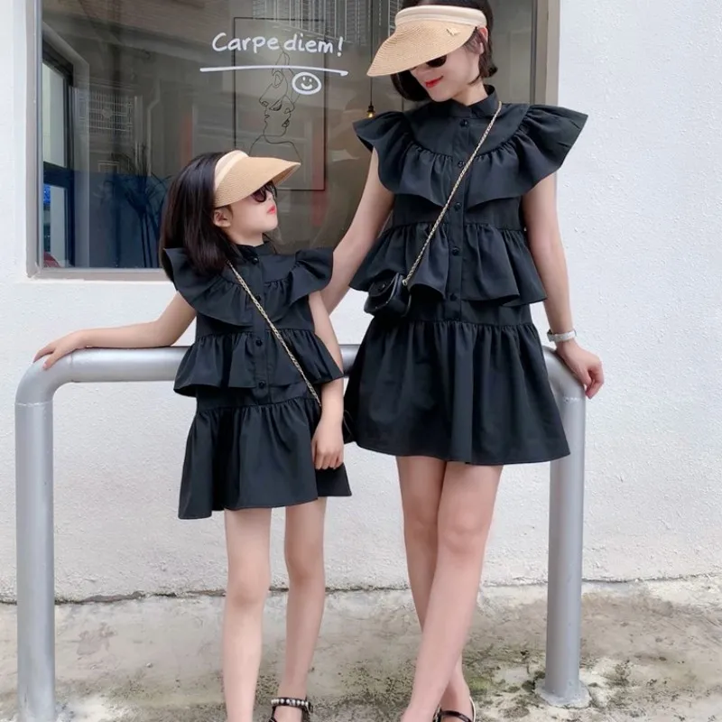 

Baby Girl Summer Black Ruffles Mommy And Me Family Matching Mother Daughter Dresses Clothes Striped Mom Dress Kids Child Outfits