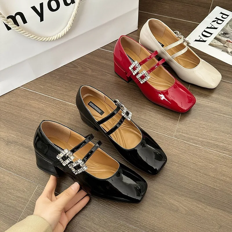 Aphixta Elegant Woman Shoes Red Cross Starp Leather Pumps Female Shallow Mary Janes  Square Toe Shoes Drop Shipping Plus Size 43