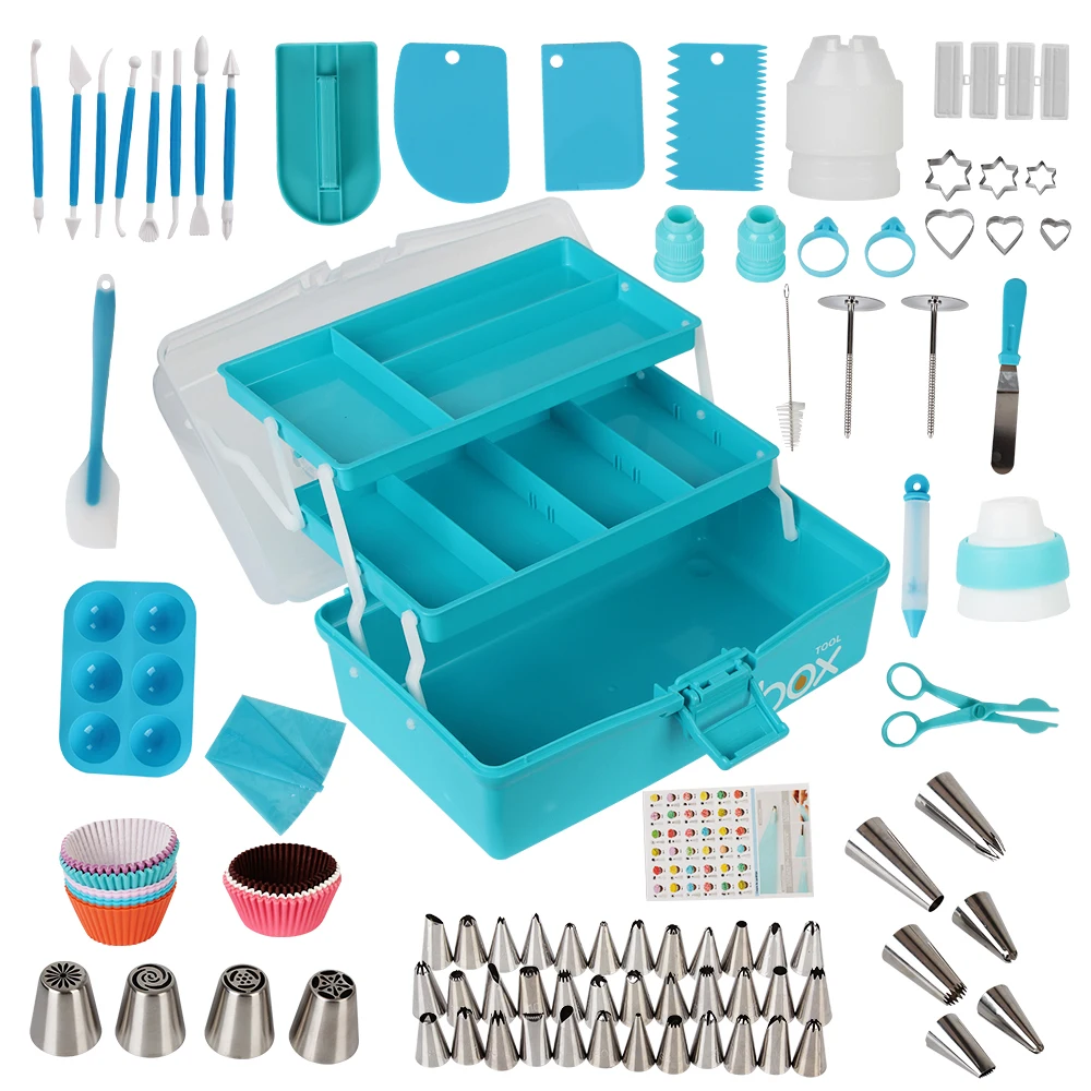 

Baking Tools Kit 236 Pcs Blue With Three-layer Storage Baking Supplies Sets Folding Box Gift Cake Decorating Mouth Set