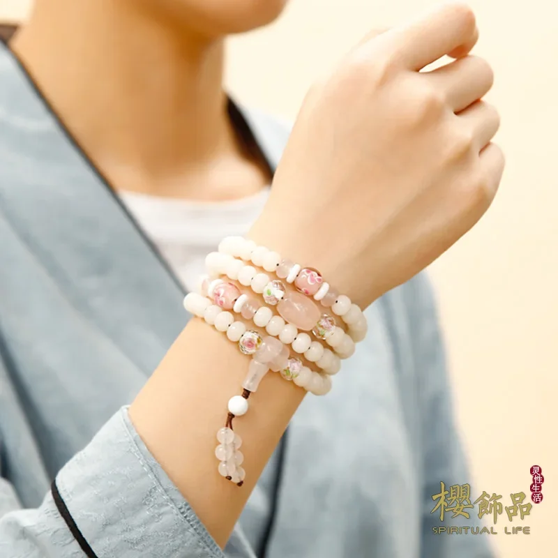 

Natural White Jade Bodhi Root 108 Bracelet Original Necklace Sweater Chain Buddha Beads Bracelet for Women