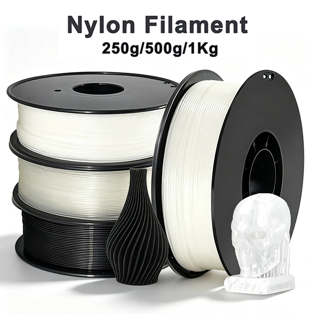 Premium White Nylon 3D Printer Filament - High Tensile Strength & Flexibility, Available in Multiple Weights