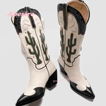 Retro Western Cowboy Boots Pointed Toe Embroidery Thick Heel Cactus Decor Chunky Heels Slip On Women's Boots Casual Elegant 2