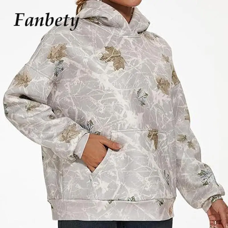 

Lady Fashion Leaf Print Fleece Warm Sweatshirts 2023 Fall Winter Loose Hoodies Top For Women Casual Pockets Long Sleeve Pullover