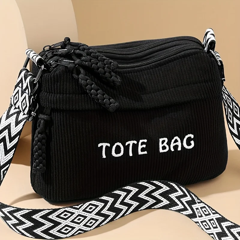 Women's Plush Fleece Tote Bag with Adjustable Strap Corduroy Handbag Shoulder Crossbody Bag Zipper Closure Golden Tone Hardware