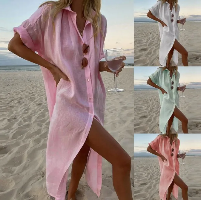 

2024 Spring Cotton Linen Women's Long Shirt Dress Turn-down Collar White Dresses Female New Fashion Elegant Loose Ladies Clothes