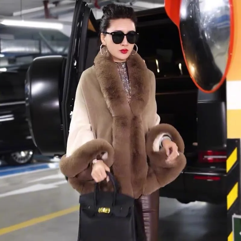 

Autumn Winter New Imitation Otter Rabbit Fur Collar Cardigan Gradient Color Cape Women Knit Poncho Lady Capes Khaki Cloak