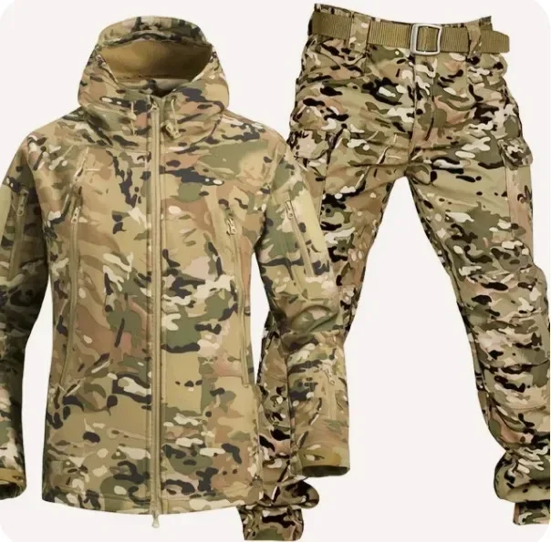 Tactical suit Combat uniform RU Camo Tactical Sets Men Winter Shark Skin Soft Shell Jackets+Multi-pocket Cargo Pants 2 Pcs Suits Waterproof Fleece Set