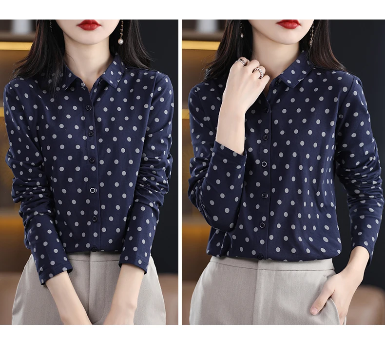 Women's New 100% Cotton Soft Sweater Polka-dot Knitted Polo Collar Long Sleeve Cardigan Spring Summer Shirt Ladies' Blouse Top
