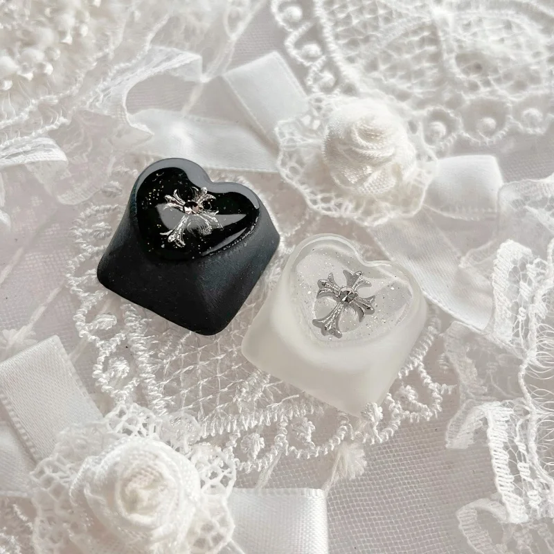 WANI Artisan Keycap 반투명 하트 모양의 실버 크로스 글리터 에폭시 수지(자기 축 기계식 키보드용)