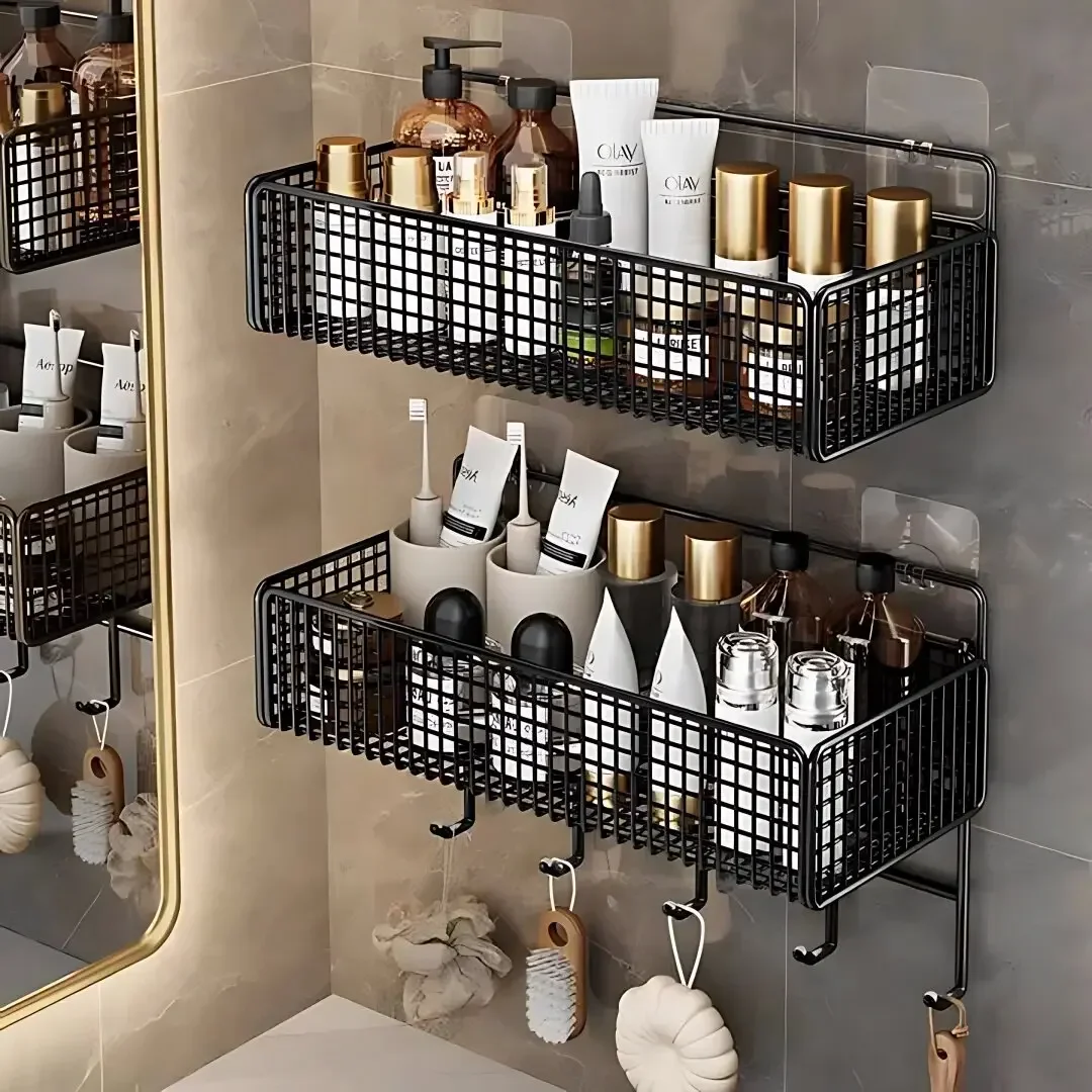 1PC Bathroom Organiser Multifunctional Toiletries Organiser No-Punch Bathroom Shelf Bathroom Kitchen Wall Mount Storage Rack
