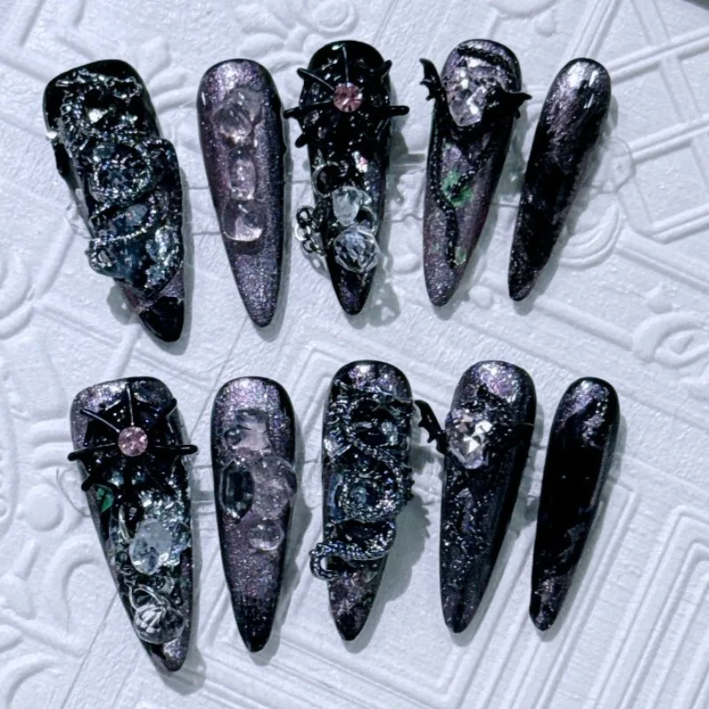 10개입 수제 블랙 퍼플 다크 스파이스 걸 수제 프레스온 네일 롱 팁 글리터 눈부신 네일 아트 드래곤 가짜 손톱 Y2K
