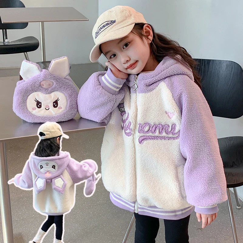 

Girls Short Thickened Woolen Coat Sanrio Black Beauty Kawaii Cartoon Anime Hooded Fashion Winter Casual Warm Coat Girl Gift