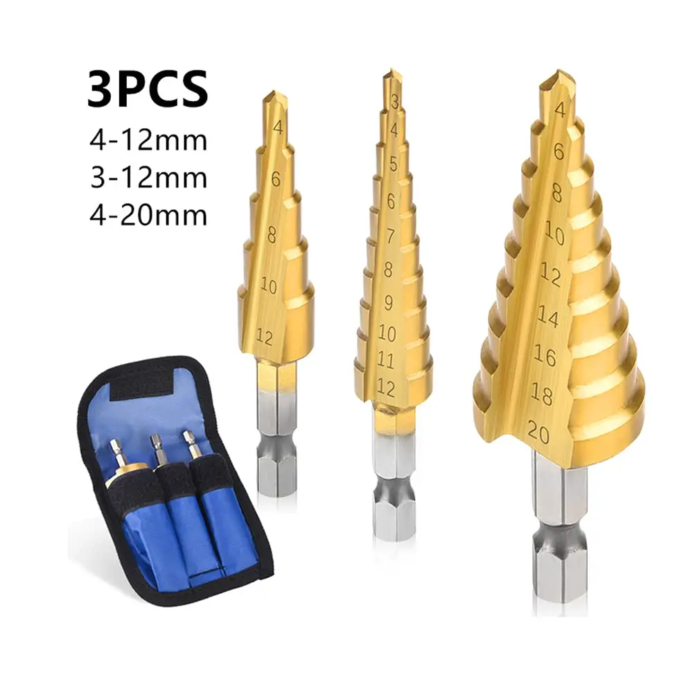 Tao Hua Yuan 3-12 4-12 4-20 Straight Groove Step Drill Bit HSS Titanium Coated Hole Cutter Metal Wood Core Drilling Tools Set