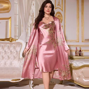 2 قطعة جديد طويل المرأة بيجامة مجموعات تقليد الحرير النوم و رداء مثير رقيقة الإناث صالة الصيف التبريد رداء حجم كبير XL-5XL 2