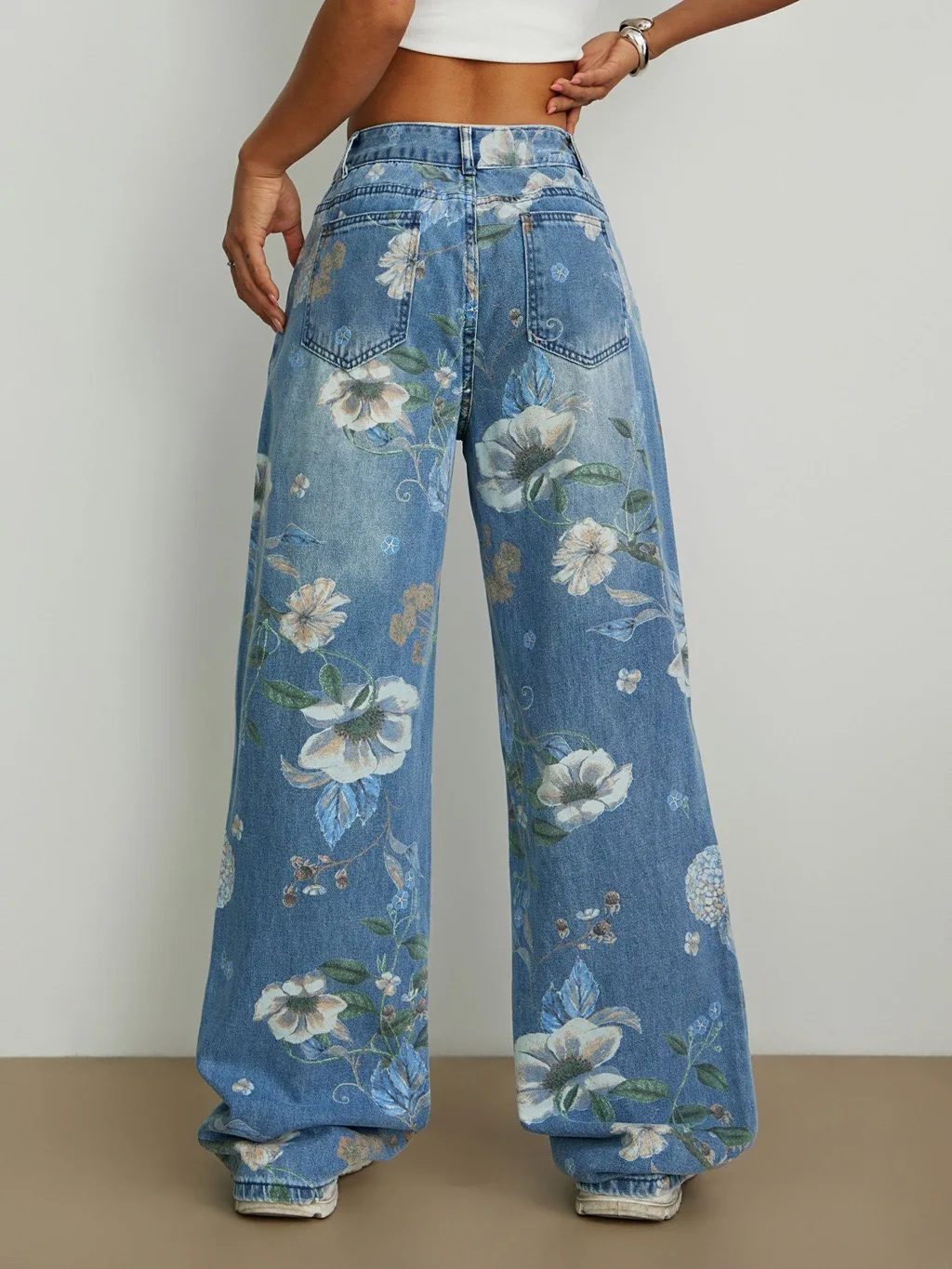 Jean ample à imprimé floral vintage pour femme, taille haute, coupe droite, pantalon en denim long à imprimé floral rétro