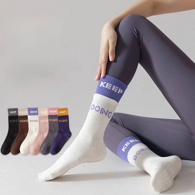 

Letter Print Yoga Socks Casual Striped Cotton Breathable Pilates Socks Silicone Non-slip Fitness Gym Training Dance Sports Socks