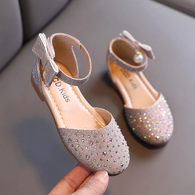 Little Girls Princess Shoes Rihnestone Baby Flower Girls Summer Sandals Bowknot Kids Gold Birthday Party Strap Shoes with Bead