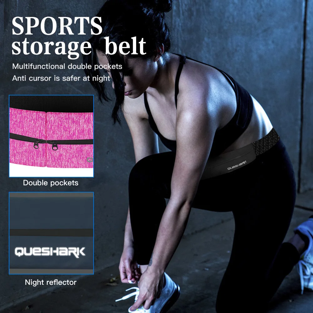 Queshark Reflective Elastic Waistband Sport Bag Double Zipper Pocket Running Gym Yoga Waist Belt Pack Phone Waist Wallet Bag 2