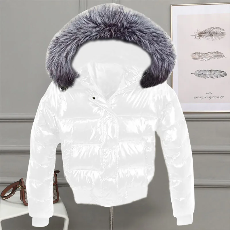 Casual Glossy Down Jackets Winter Women's Fake Fur Hooded Coat Parkas