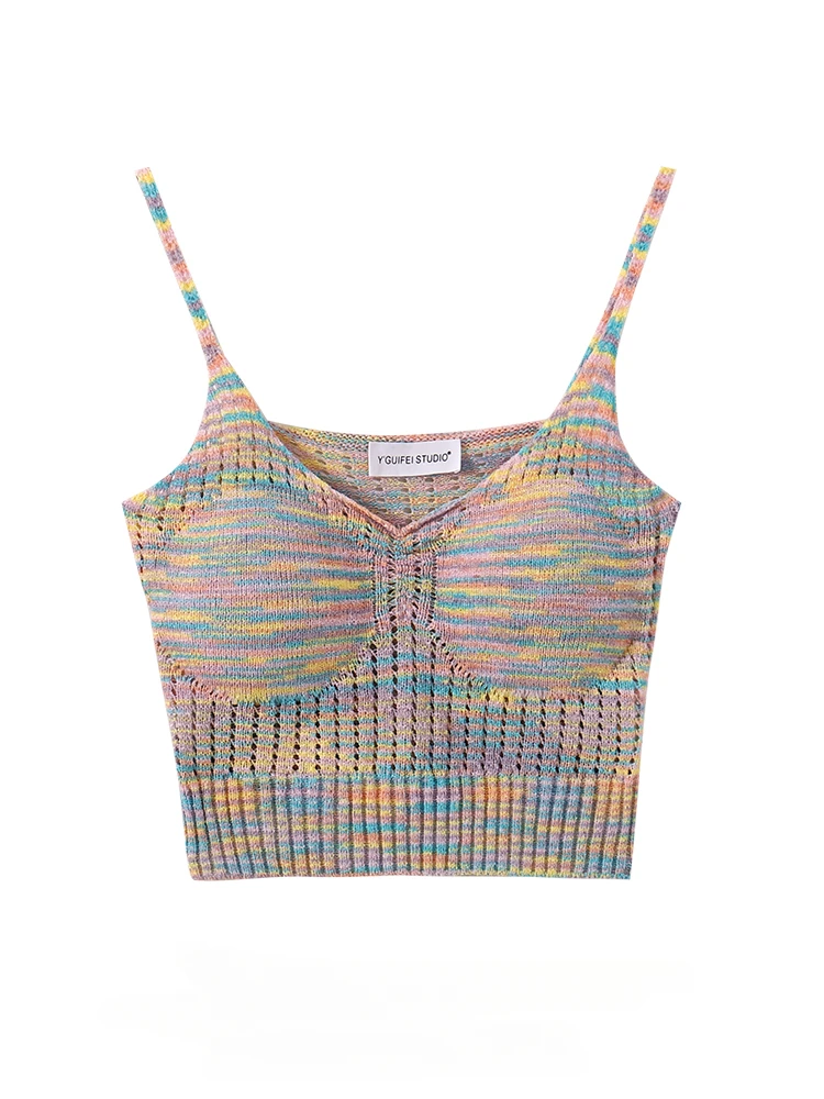 

Милая популярная американская Ретро полосатая трикотажная ажурная кофта для девушек, женский летний короткий топ без рукавов с V-образным вырезом и открытой спиной для похудения