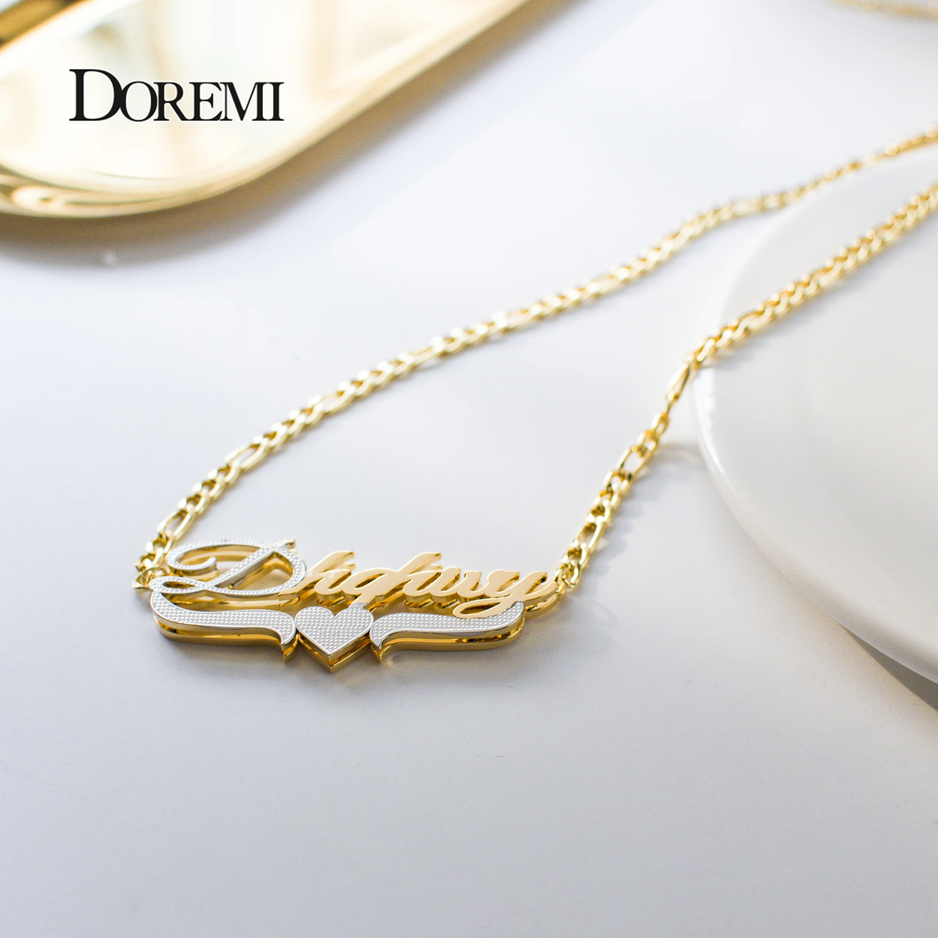 DOREMI Double Layer Heart Nameplate Pendant Custom Letter Gold Plated Stainless Steel Name Necklace Personalized Custom Jewelry