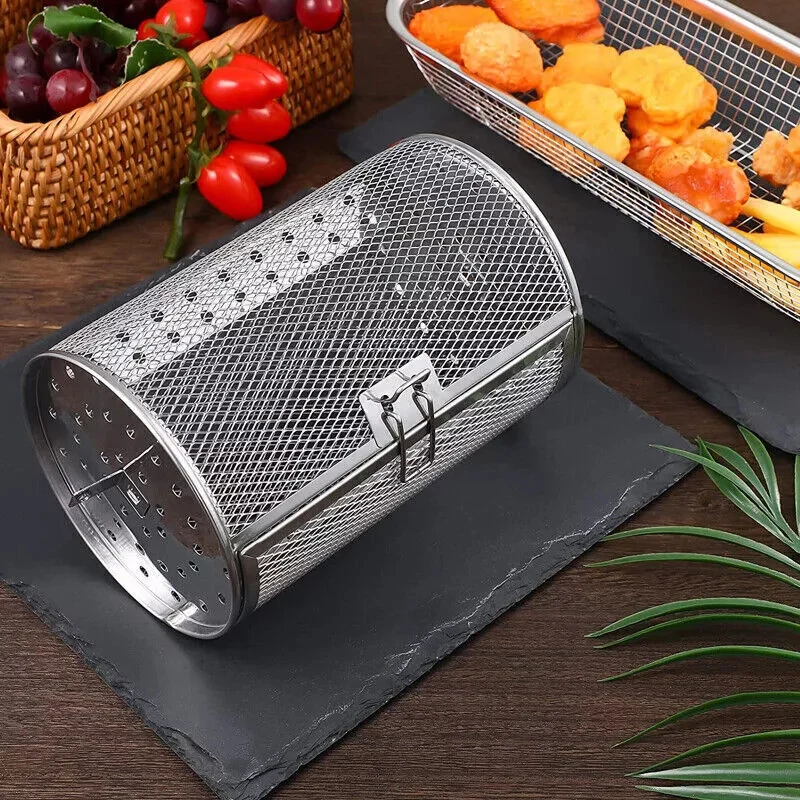 Stainless Steel Grill Rotisserie Oven Kitchen Fry Basket Coffee Bean Rotating Grilled Cage Drum Rack Air Fryer Accessories BBQ Basket Grill Oven Accessories