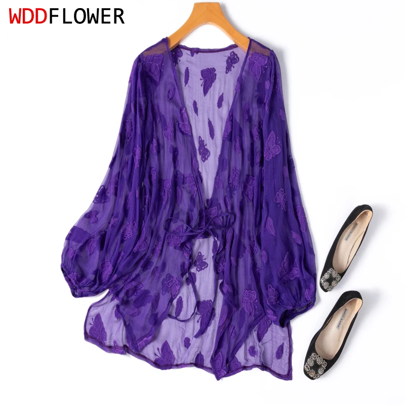 

Женский кардиган из шелка тутового шелкопряда с фиолетовой вышивкой и бабочкой, длинный тонкий кардиган с рукавами-фонариками, накидка, блузка, рубашка, M1138, 100%