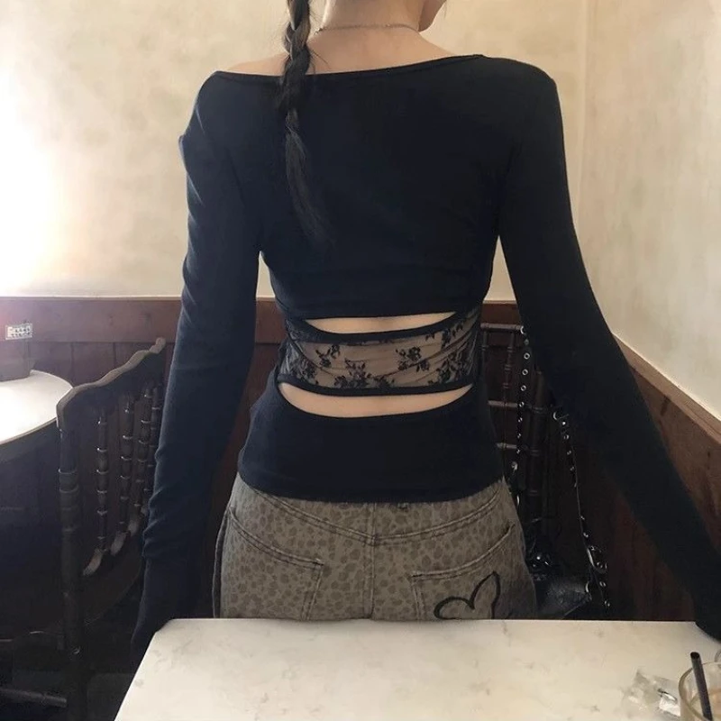 Deeptown Black Lace Patchwork Women T-Shirts Off Shoulder Hollow Out Long Sleeve Korean Fashion Slim Tees Coquette Aesthetic 1