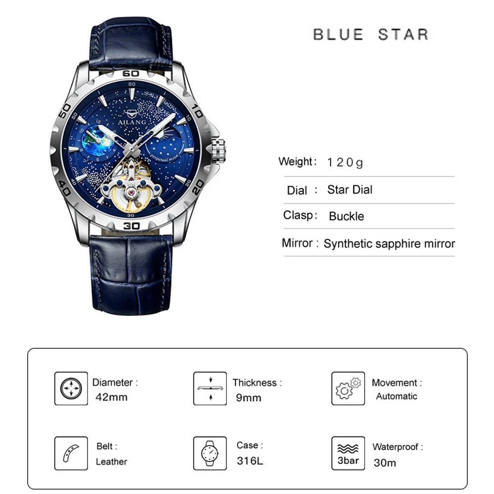AILANG Fashion Blue Starry Sky Mechanische Uhr für Herren, luxuriöses Lederarmband, wasserdicht, leuchtend, automatische Tourbillon-Uhren_voghion.com