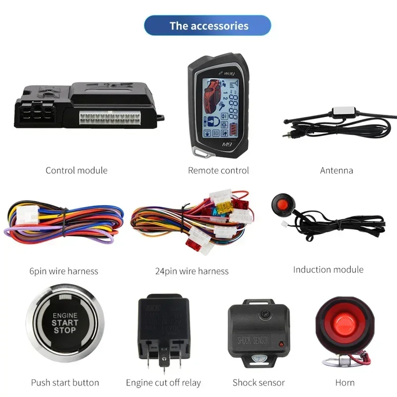 EASYGUARD EC207-M9 2웨이 차량 경보 시스템 (LCD 페이저 디스플레이, 푸시 스타트 버튼, 원격 시동 및 충격 경고 기능 포함)