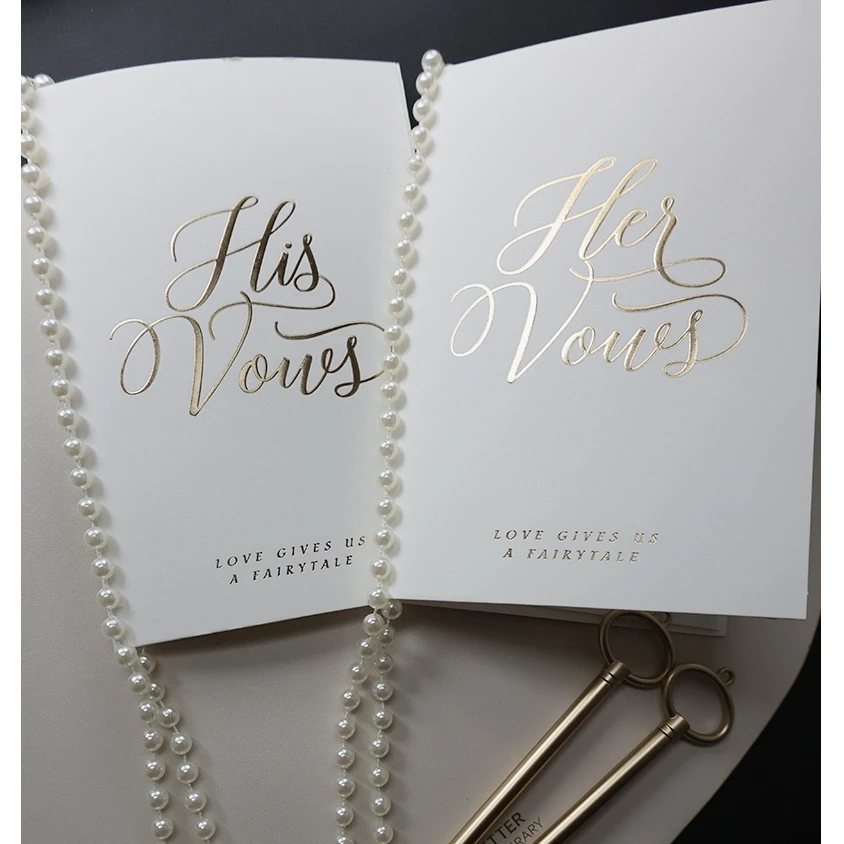 

1 Pair Peal Tassel Wedding Bronzing Vows Card with Pen Handwritten Marriage Oath Book His & Her Love Guarantee Promise Letter