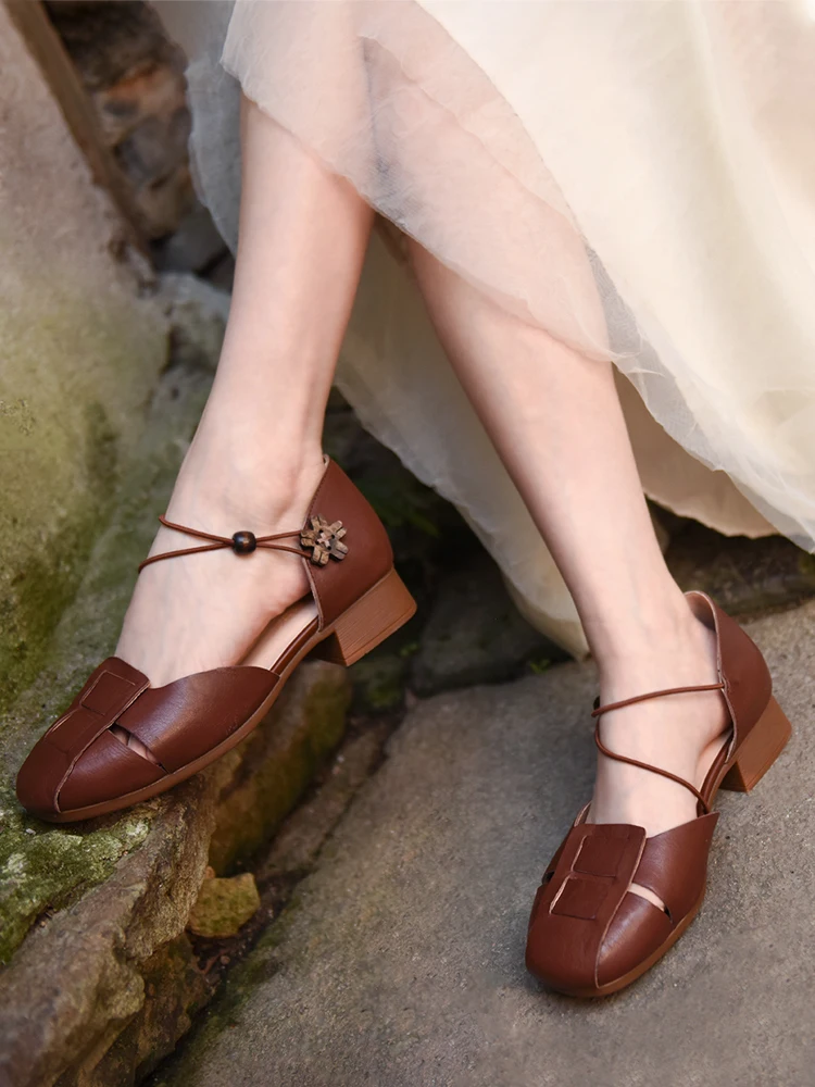 

Artmu Original Thick Heel Women Sandals Closed Toe Luxury Sandals Mary Jane Elegant Hollow Out Genuine Leather Low Heel Sandals