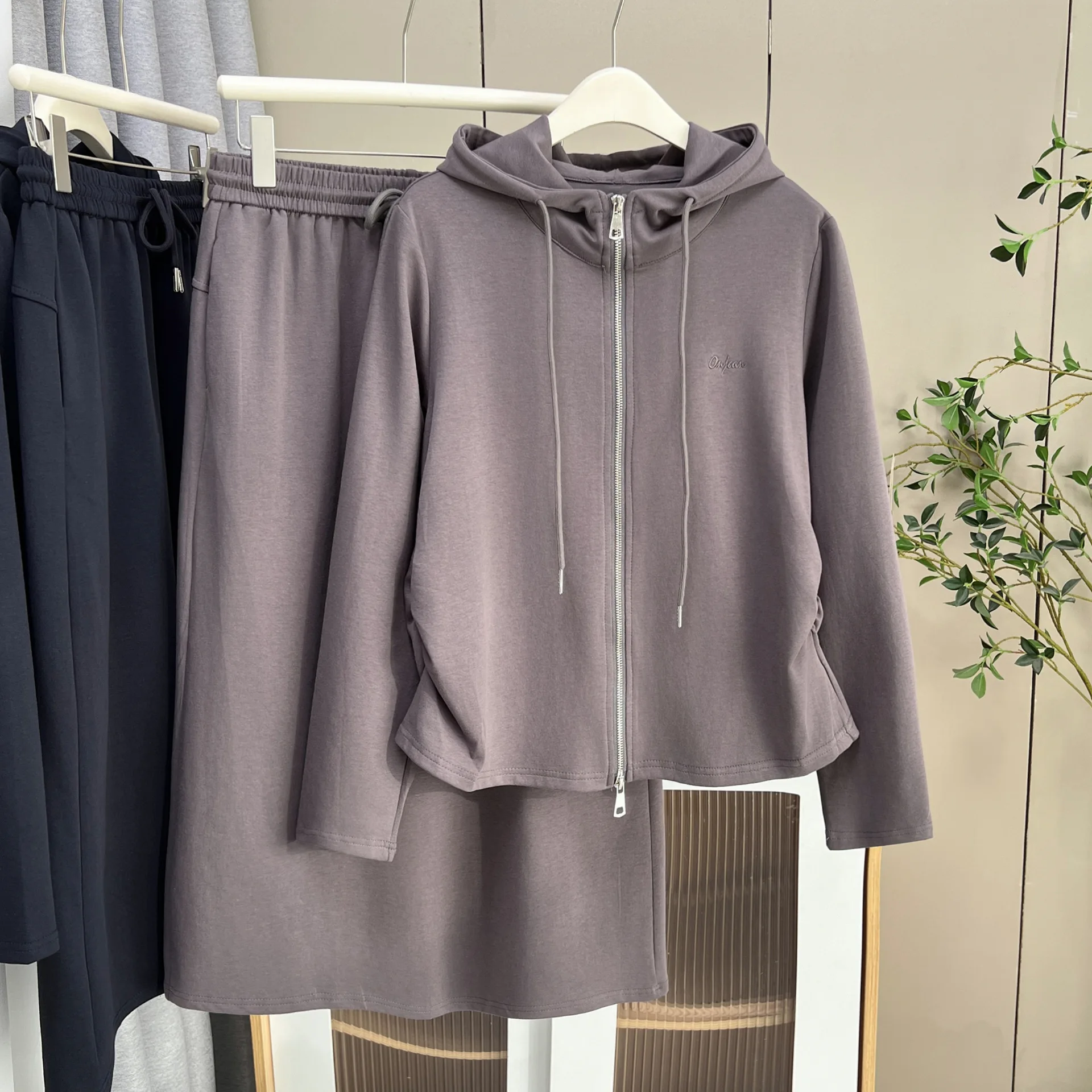 XXXXL Fashion Plus Size Women's Set Autumn New Clothing Casual Hooded Zipper Jacket And Skirt Two Pieces Set