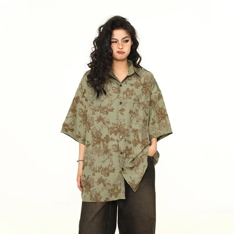 Shirt Short Sleeved Blouses Womens Tops Vintage Flower Women United States Retro Style Personality Loose Fitting Summer Shirt