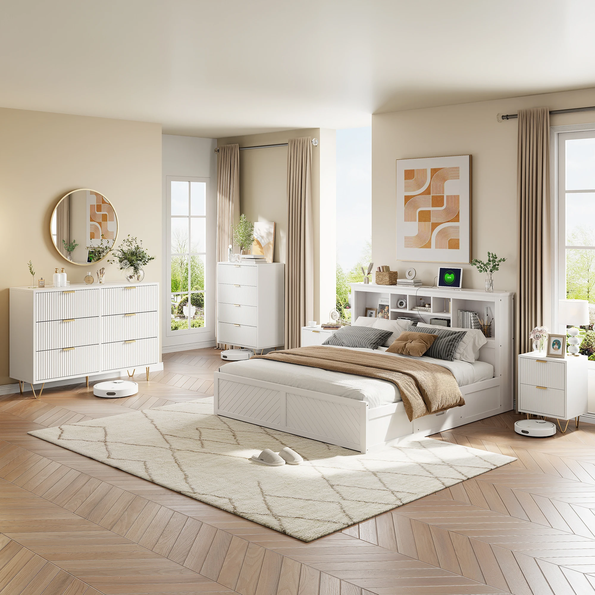 Rosahqnda 2er-Set Holz-Nachttisch, Nachttisch, 2 Schubladen, Boho-Nachttisch für Schlafzimmer, Wohnzimmer, 40 x 40 x 47 cm, Weiß + Goldbein – Detail 6