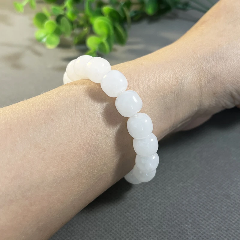 Genuine Natural Hetian Jade White Jade Old Bead Bracelet Round Gem Wrist Jewelry Elegant Vintage Jewelry Premium Belt Gift Box