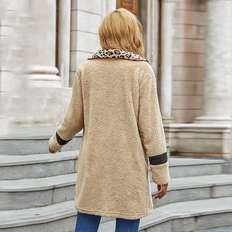 Lapel Long Sleeve Loose Casual Fashion Woolen Coat Women New 2024 Autumn Women's Pure Color Leopard Print Plush Mid-length Coat
