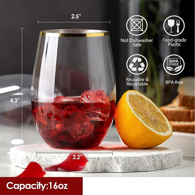  FOCUSLINE 20 Pack 16 Oz  Stemless Wine Cups, Heavy Duty Clear  Plastic Unbreakable , Disposable Reusable Shatterproof Wine Glasses for  Wedding or Party : Health & Household