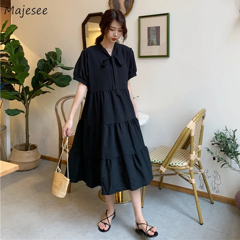 

Dresses Women Solid Loose Popular S-5XL Lace-up Holiday Korean Style Short Sleeve Midi-length Leisure Ulzzang Lady Vestdios Ins