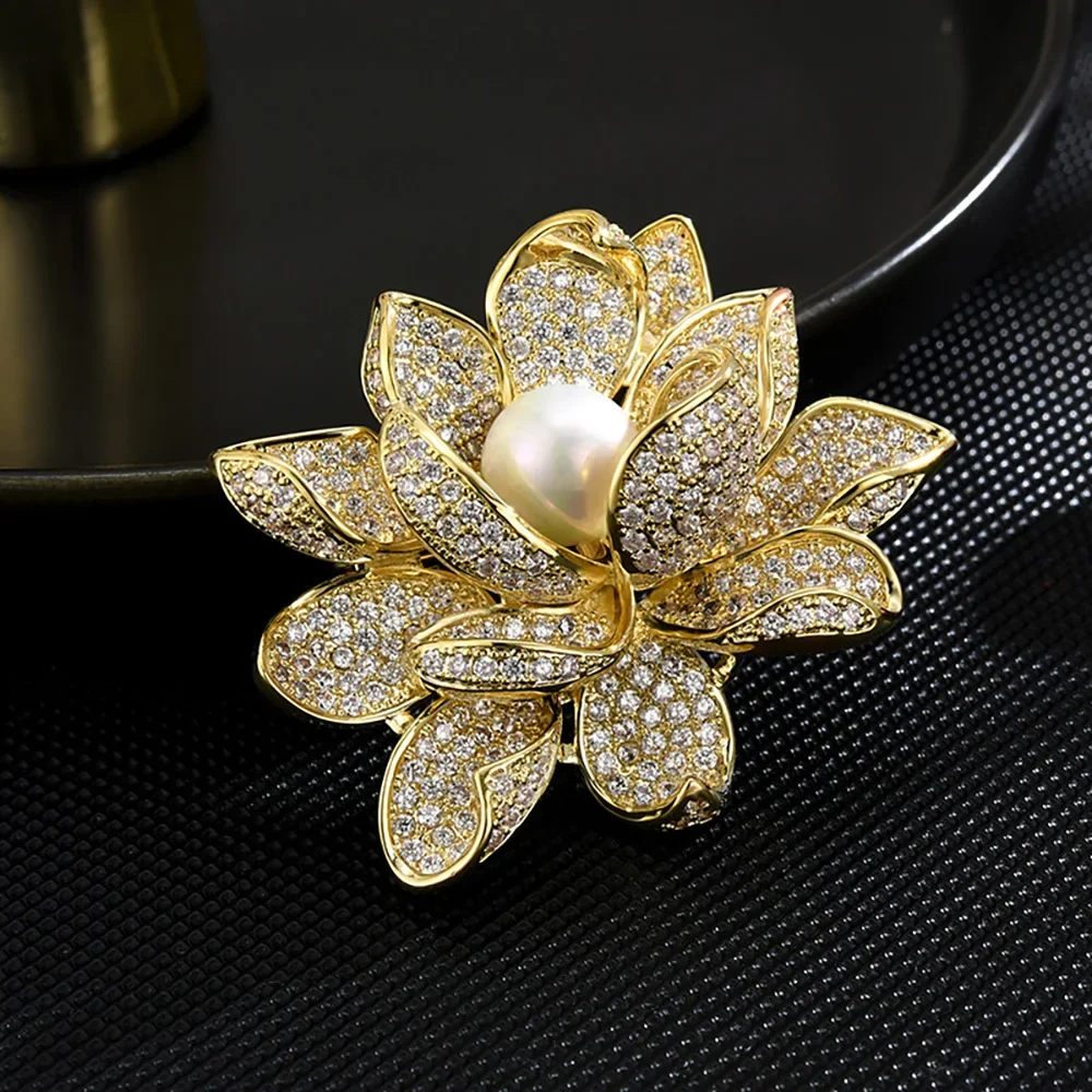 fashion Brooch for Women Gold Color Lotus Flower Brooches Pearl Zircon Inlaid Copper Pins jewelry Gifts Wholesale direct sales