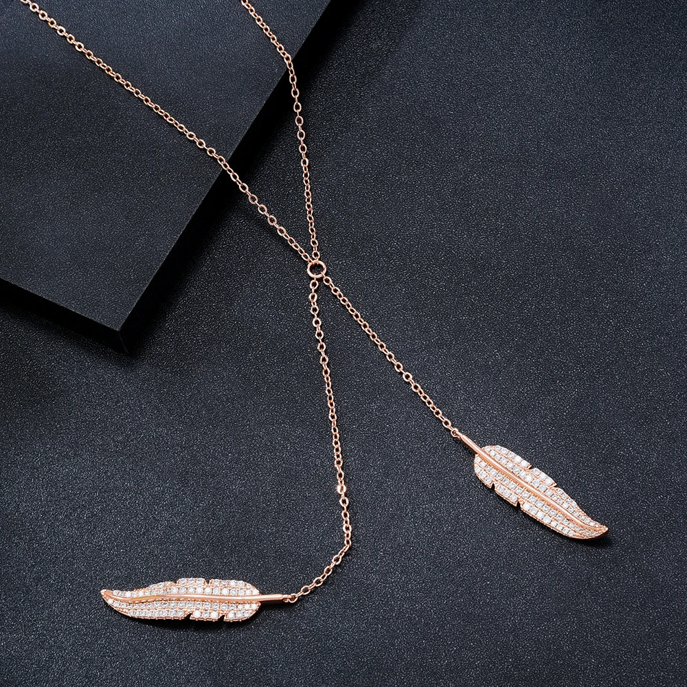 Soramoore New Trendy Long Chains Feather Pendant Necklace Jewelry for Women Girl Bridal Wedding Full Shiny CZ Romantic Lady Gift