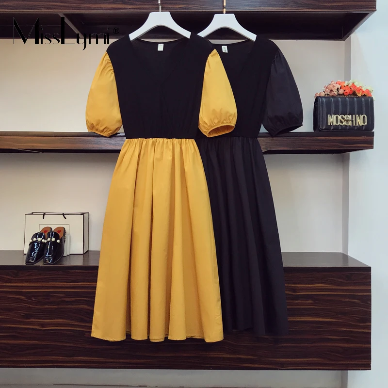 

Женское летнее платье с запахом, Элегантное Длинное платье большого размера с V-образным вырезом и пышными рукавами, свободное корейское платье составного кроя с имитацией двух предметов, 2022