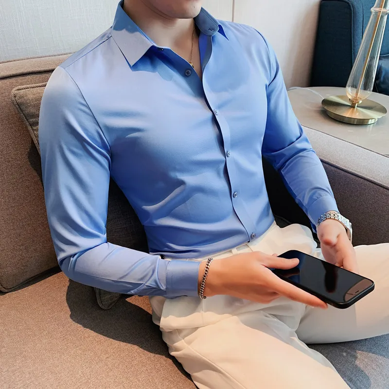 

High Quality Fashion Matching Handsome Men Matching Long Sleeve Solid Color Seamless Shirt Elastic Large Slim Shirt for Men