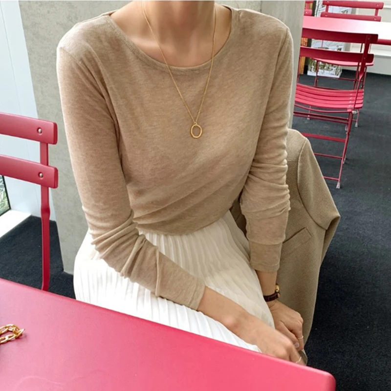 한국 섹시 시스루 플레인 티셔츠, 여성용 투명 티셔츠, 긴팔 티셔츠, 단색 상의, 용수철 여름