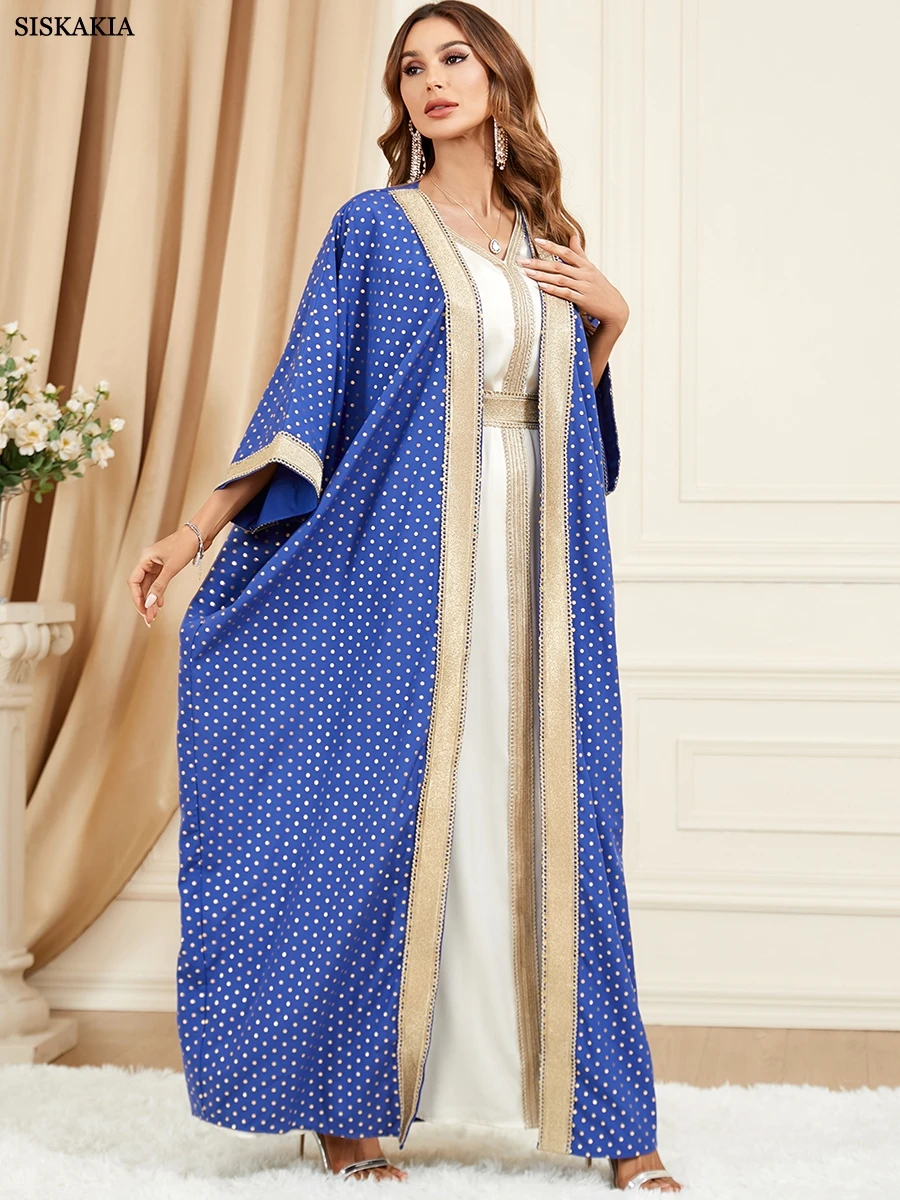 

Kaftan Dubai Luxury Muslim Sets Batwing Sleeve Open Abaya Fashion Polka Dot Print 2 Piece Ramadan Dress All season