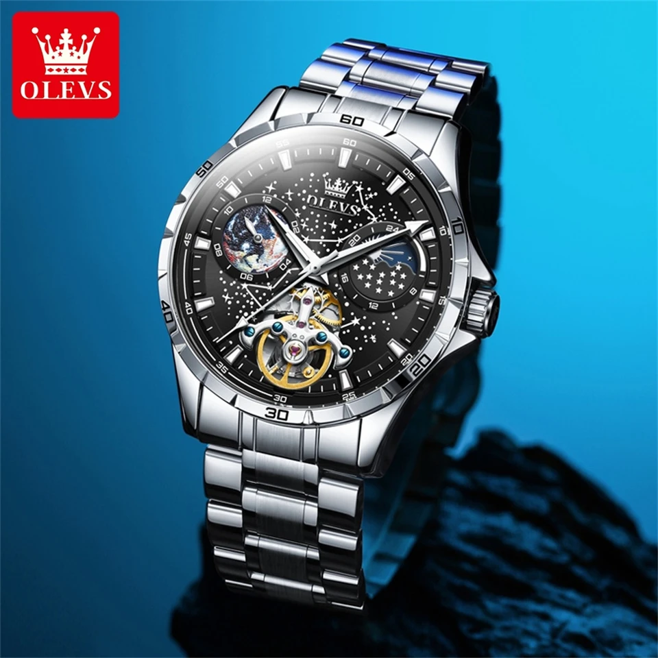 Orologio Meccanico Da Uomo OLEVS Calendario Lusso Impermeabile Moda Automatico Autorosante Fase Lunare Luminosa Orologio Con Cinturino In Acciaio P9326941