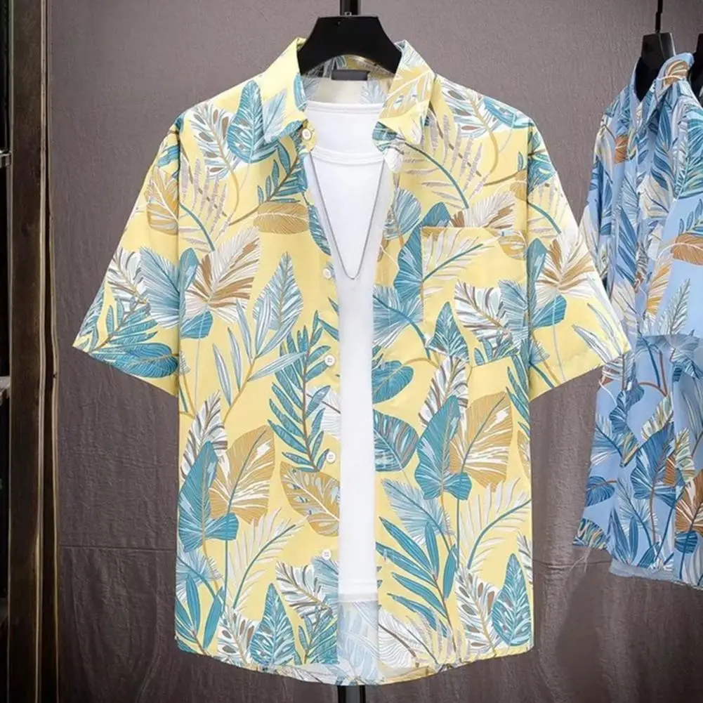 

Men Shirt Tropical Style Men's Leaf Print Shirt with Quick Dry Technology for Vacation Beach Top Breathable Soft Hawaiian Shirt