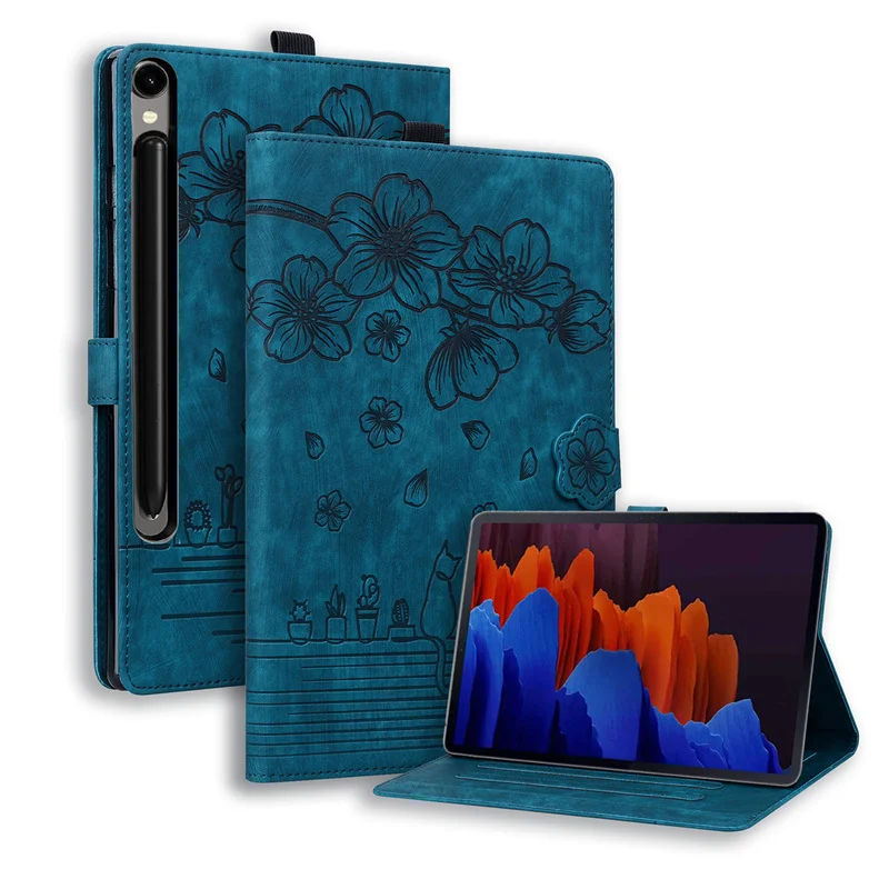Embossed Flowers PU Leather Wallet Flip Stand Cover with Cat Pattern