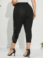 Plus Size Women's Fitted 7/8 Leggings with Starry Pattern and Rhinestone Split - High Waisted Summer Active Underwear - Image 5